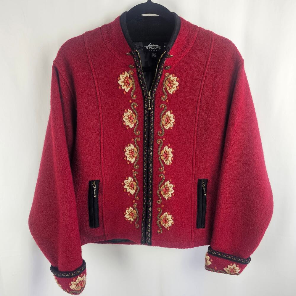 ICELANDIC DESIGN 100% Wool Alpine Embroidered Jacket Women's M Nordic Cottage